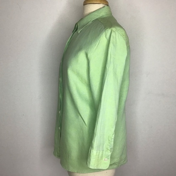 LL Bean 100% linen sherbet green 3/4 sleeve button up pointed collar shirt Med - Picture 4 of 10